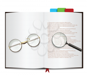 Book Isolated on white with glasses and magnifying glass 