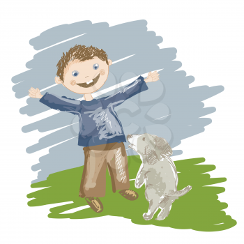  Illustration of cartoon boy playing with dog 