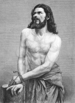 Royalty Free Photo of Jesus Christ on engraving from the 1800s. Performed by Joseph Mair in the Oberammergau Passion Play. Published in the Graphic in 1870.