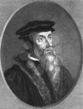 Royalty Free Photo of John Calvin (1509-1564) on engraving from the 1800s. Theologian, founder of Calvinism. Engraved by T. Woolnoth and published in London by Wm. S. Orr & Co.