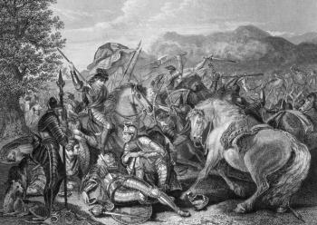 Battle of Otterburn between the Scottish and English in 1388 on engraving from the 1800s. Engraved by J.Rogers after a painting by J.H.Mortimer and published by J.& F.Tallis.