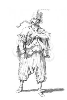 Costume of a Hungarian corporal of the narasdin pandours in 1742 on engraving from the 1700s.