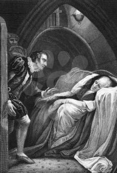 Death of Mortimer, from Shakespeare's Henry VI, Part I, Act II, Scene V on engraving from 1800s. Engraved by J.Rogers after a painting by J.Northcote and published by J.Tallis & Co.