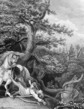 Death of William Rufus during a hunting trip in the New Forest on engraving from the 1800s. King of England during 1087-1100. Engraved by J.Rogers after a painting by Burney and published by J.& F.Tal