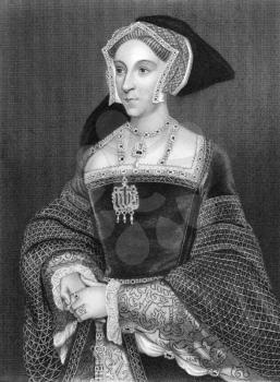 Jane Seymour (1508-1537) on engraving from 1838.
Queen consort of England as the third wife of King Henry VIII. Engraved by H.Robinson after a painting by Holbein and published by J.Tallis & Co.