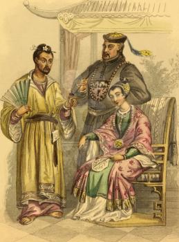 Japanese and Chinese costumes on engraving from 1853 by Rouargue.