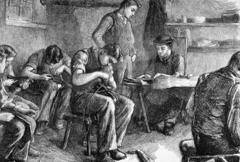 Shoemaking at the philanthropic society's farm school at redhill on engraving from 1872 published in the Graphic.
