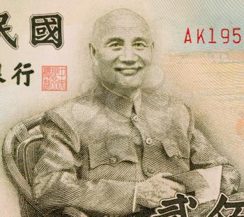 Chaing Kai-shek (1887-1975) on 200 Yuan 2001 Banknote from Taiwan. Political and military leader of 20th century China.