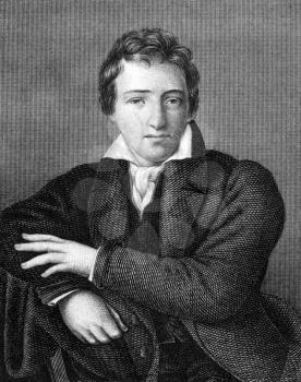 Heinrich Heine (1797-1856) on engraving from 1859. German poet. Engraved by unknown artist and published in Meyers Konversations-Lexikon, Germany,1859.
