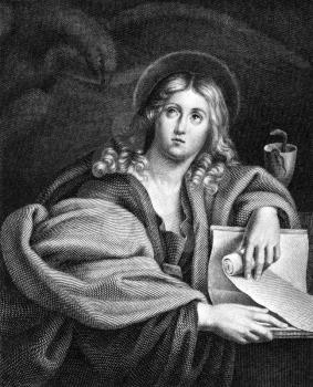 John the Evangelist (1-100) on engraving from 1859. Engraved by unknown artist and published in Meyers Konversations-Lexikon, Germany,1859.