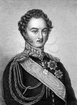 Karl Egon (1804-1854) on engraving from 1859. Prince of Furstenberg. Engraved by F.Bahmann and published in Meyers Konversations-Lexikon, Germany,1859.