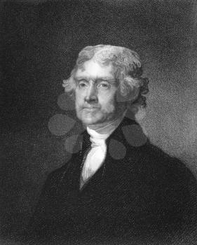 Thomas Jefferson (1743-1826) on engraving from 1835. American Founding Father, the principal author of the Declaration of Independence and third President during 1801–1809. Engraved by J.B.Forrest a