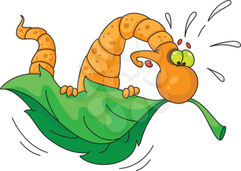 Royalty Free Clipart Image of a Worm on a Flying Leaf