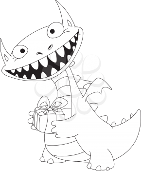 illustration of a laughing dragon and gift outlined