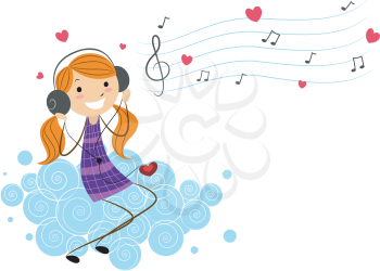 Royalty Free Clipart Image of a Girl Sitting on a Cloud Listening to Music