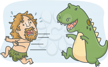 Royalty Free Clipart Image of a T-Rex Chasing a Caveman