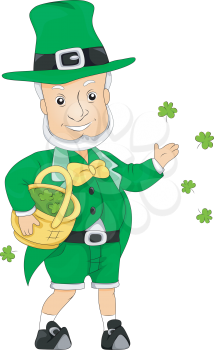 Royalty Free Clipart Image of a Leprechaun Throwing Shamrocks