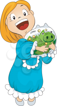 Royalty Free Clipart Image of a Girl Playing With a Piggy Bank