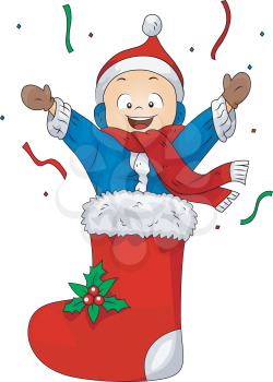 Royalty Free Clipart Image of a Boy in a Christmas Stocking