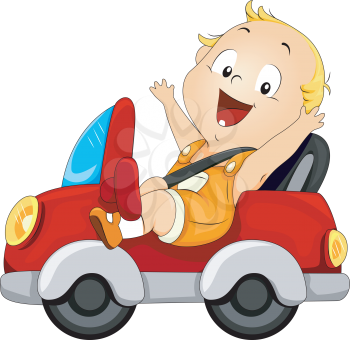 Royalty Free Clipart Image of a Child in a Toy Car