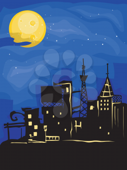 Royalty Free Clipart Image of a Full Moon Above a City