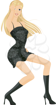 Royalty Free Clipart Image of a Woman in a Black Dress and High Heeled Boots