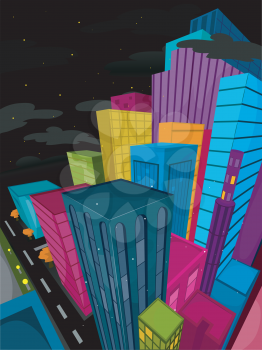 Royalty Free Clipart Image of a Multi-Coloured Building Scene