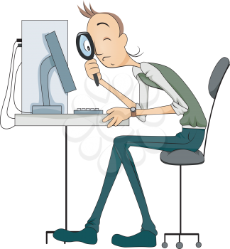 Royalty Free Clipart Image of a Man Looking at a Computer Monitor With a Magnifying Glass