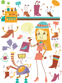 Royalty Free Clipart Image of a Woman and Robot and Shoes