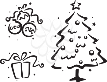 Royalty Free Clipart Image of a Christmas Stencil of Tree, Ornaments and a Present