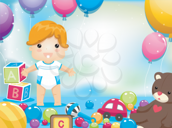 Royalty Free Clipart Image of a Baby Surrounded by Balloons and Toys