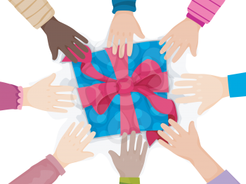 Royalty Free Clipart Image of a Group of Hands Reaching for a Gift