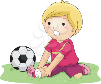 Royalty Free Clipart Image of a Child Beside a Soccer Ball Holding His Ankle