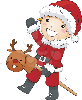 Royalty Free Clipart Image of a Child in a Santa Suit Riding a Stick Reindeer