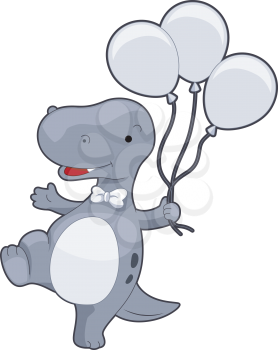 Royalty Free Clipart Image of a T-Rex Holding Balloons
