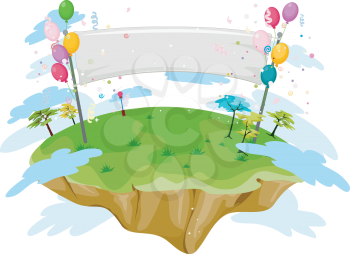 Royalty Free Clipart Image of an Island With Balloons and a Banner