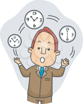 Royalty Free Clipart Image of a Man Juggling Clocks