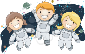 Royalty Free Clipart Image of Children in Space