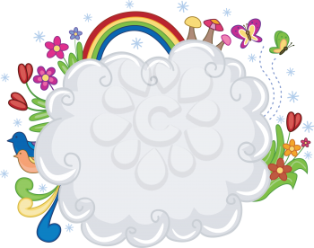 Royalty Free Clipart Image of a Cloud With Flowers a Rainbow and Butterflies Around It