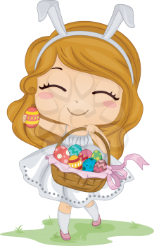 Royalty Free Clipart Image of a Little Girl With a Basket of Easter Eggs