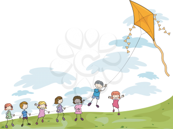 Royalty Free Clipart Image of Children Flying a Kite