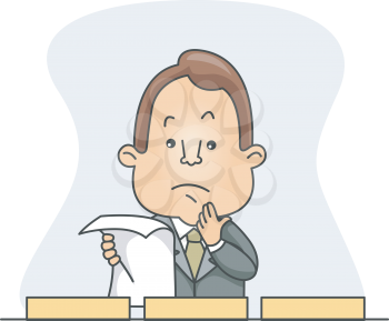 Royalty Free Clipart Image of a Man With a Paper Looking Indecisive