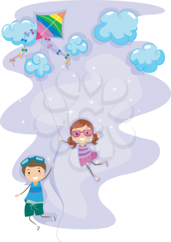 Royalty Free Clipart Image of Children Hanging on to a Flying Kite