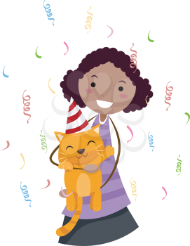 Royalty Free Clipart Image of a Girl Celebrating a Birthday With a Cat