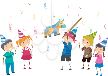 Royalty Free Clipart Image of Children Hitting a Pinata