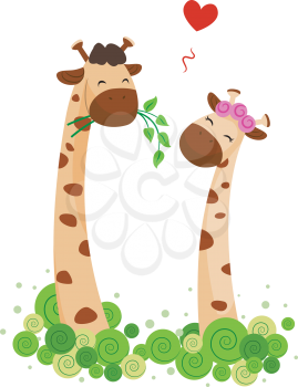 Royalty Free Clipart Image of Giraffes Sharing Food