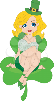Royalty Free Clipart Image of an Irish Pin-up Girl on a Shamrock