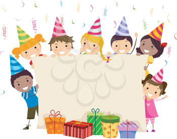Royalty Free Clipart Image of Children at a Birthday Party Holding a Banner