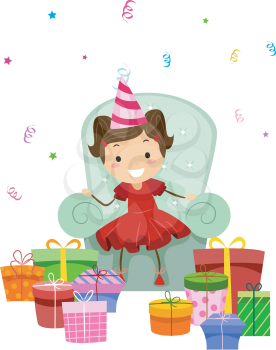 Royalty Free Clipart Image of a Little Girl Looking at Her Gifts