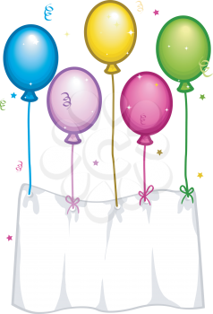 Royalty Free Clipart Image of a Banner Attached to Colourful Balloons